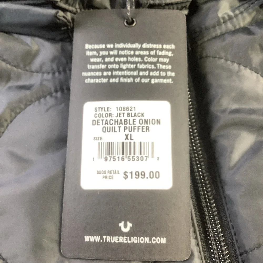 True‎ Religion Onion Quilt Puffer Jacket Black XL Detatchable Hood Full Zip NWT